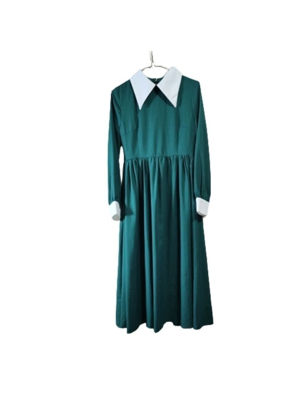 Vintage long sleeves peter pan collar midi dress colir green and white size